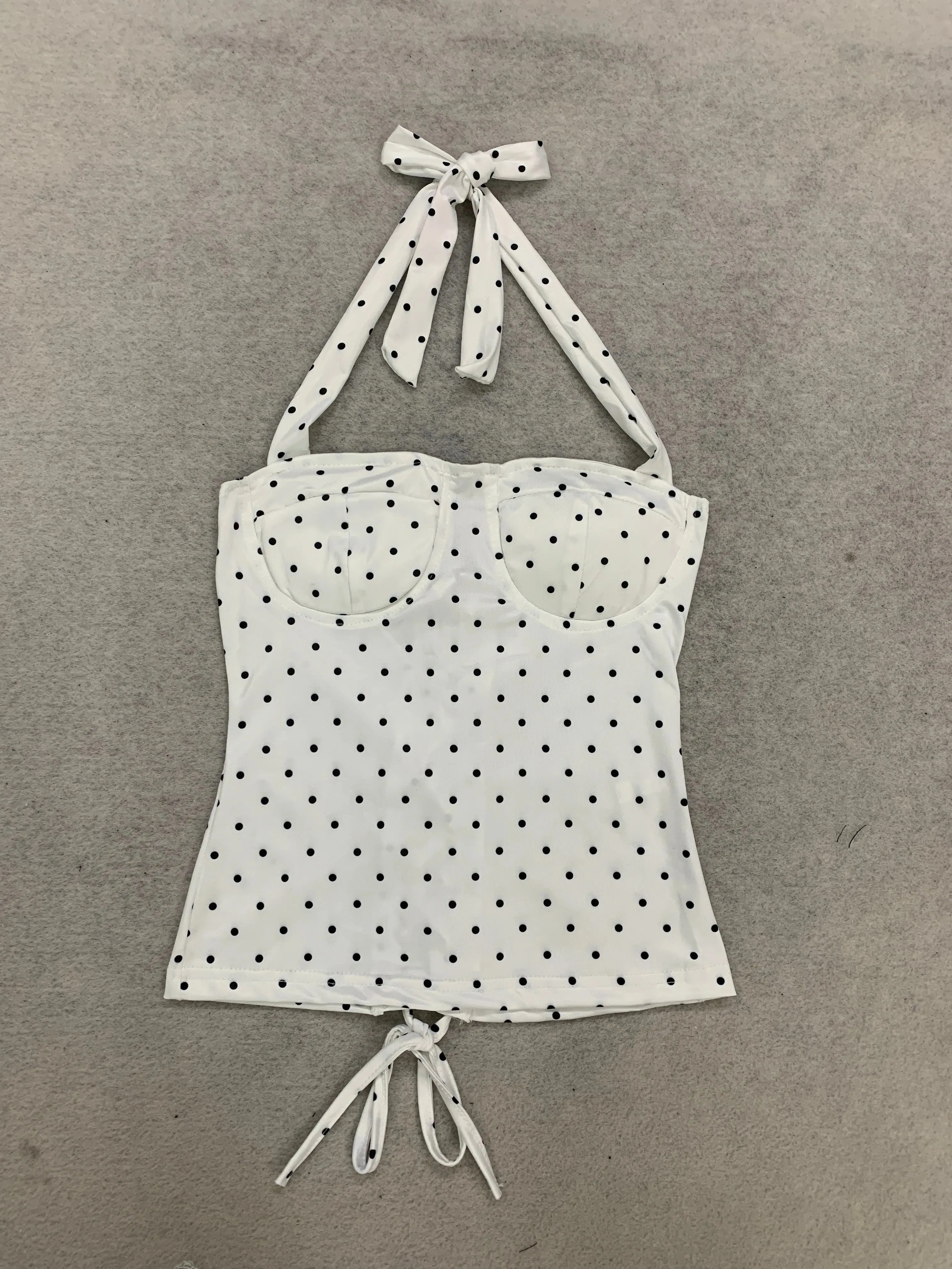Women's Polka Dot Ruched Back Bodysuit-style Retro Tie-up Strappy Top Sweet Y2K Party Streetwear Ladies Top
