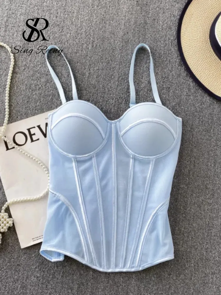 2026 Luxury Mesh Corset Camisole Women Strap Solid Lingerie Top Summer High Quality Tummy Control Sheer Party Tank Top