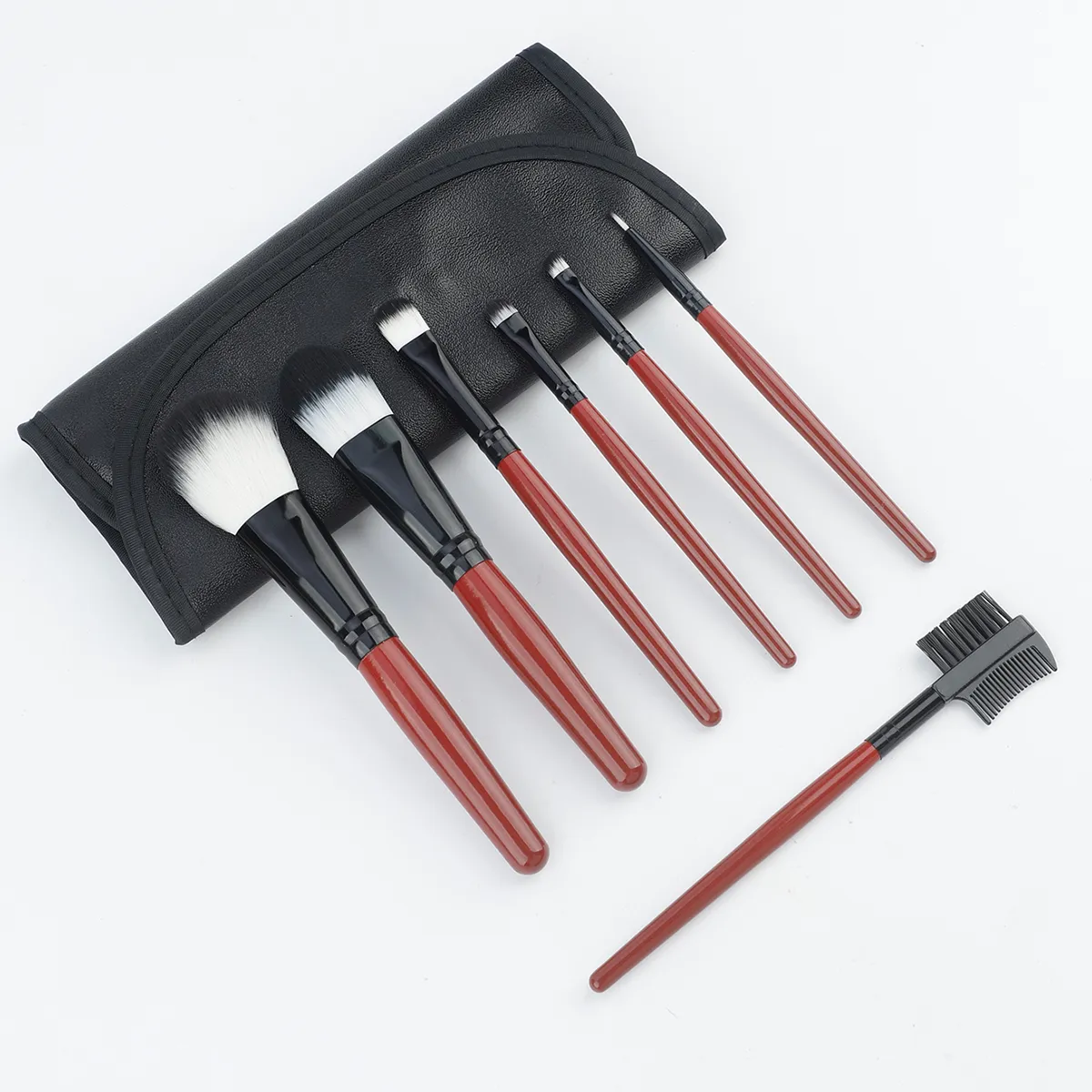 7 Pcs Wine‑red Handle Makeup Brush Set With PU Leather Storage Bag Soft Bristle Powder Blush Eyeshadow Cosmetic Brushes Kit