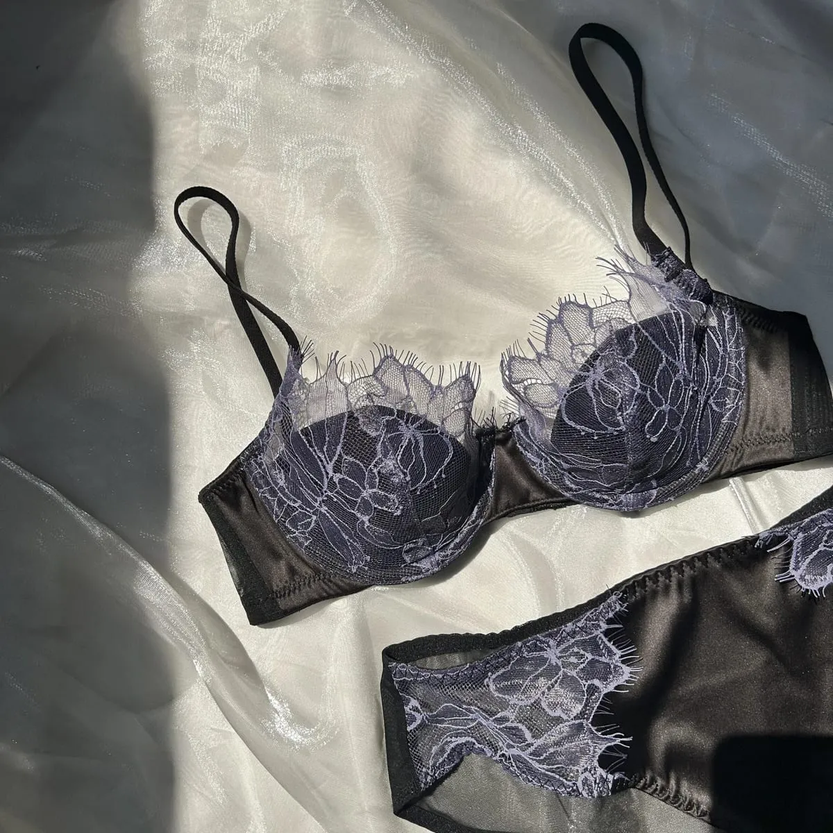 2 Pieces French Eyelashes Lace Underwear Set for Women Hollow 1/2 Thin Cup Push Up Bra Adjustable Strap Brassiere Lingerie — image 6