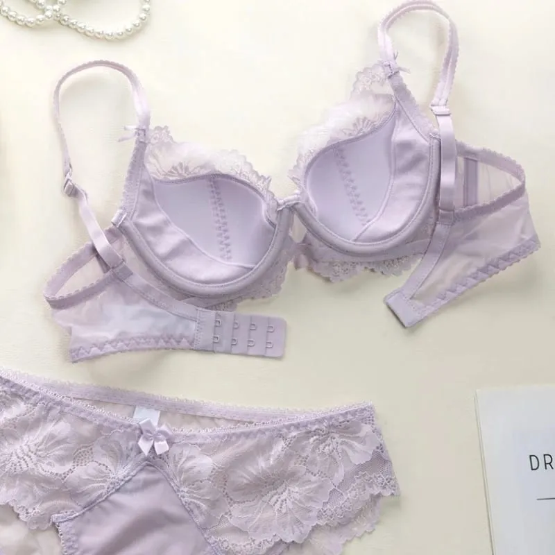 French Thin Cup Women Underwear Set Sexy Lace Flowers Embroidery Bra Summer Violet Comfort Push Up Bra and Panties Lingerie Sets