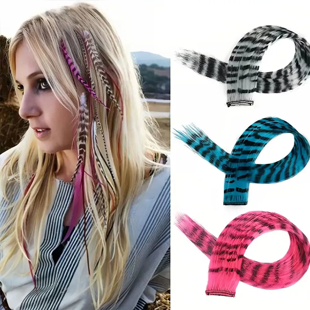 Synthetic Hair Extension18" Long Straight Women High Temperature Clip in Hair Extension Hairpiece Feather Wig Blue Rose Colorful