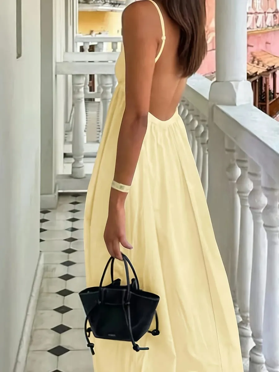 Women's Summer Vacation Solid Color Backless Thin Strap Dress