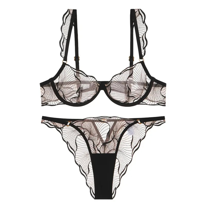 Elegant French Lace Minimiser Bra Large Chest Pure Embroidery Ultra Thin UK Fit Plate Size Wirefree Anti-Sagging Set​​ MOYISU AB