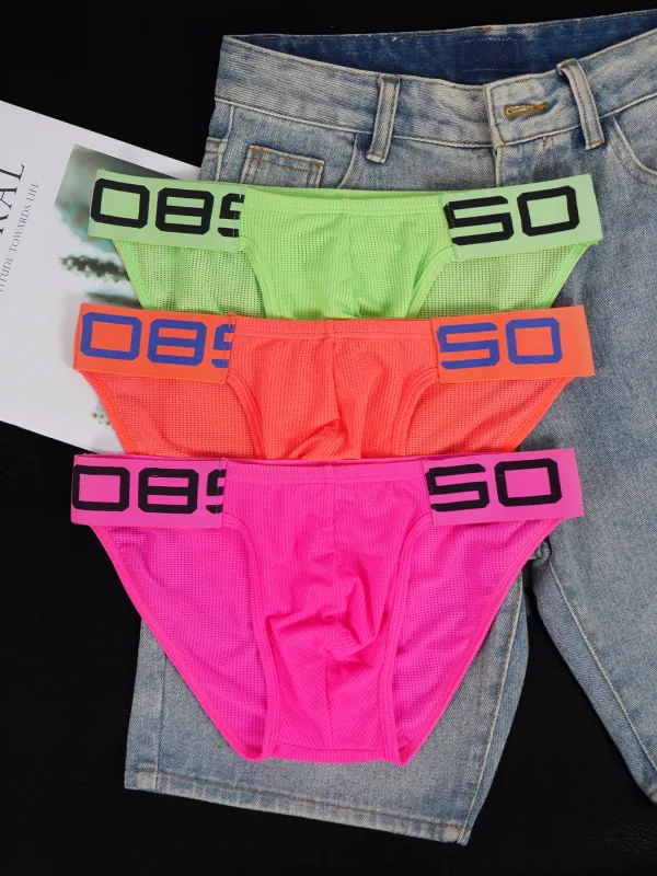 Seluar Dalam Campuran Nilon Mesh Bernafas Lelaki Huruf Sambatan Tanduk Timbul Pinggang Elastik Lebar Warna Pendarfluor Seluar Dalam Seksi
