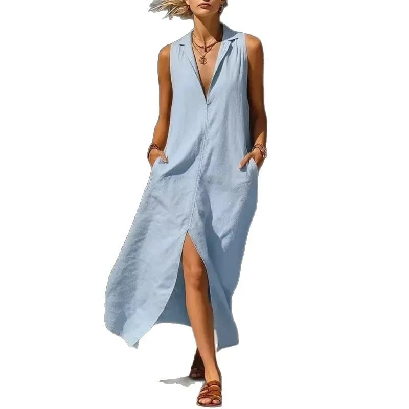 Casual Lapel Loose Sleeveless Maxi Dresses For Women Summer Tank Split Beach Long Dress Solid Colors With Pockets 2026 Sundress