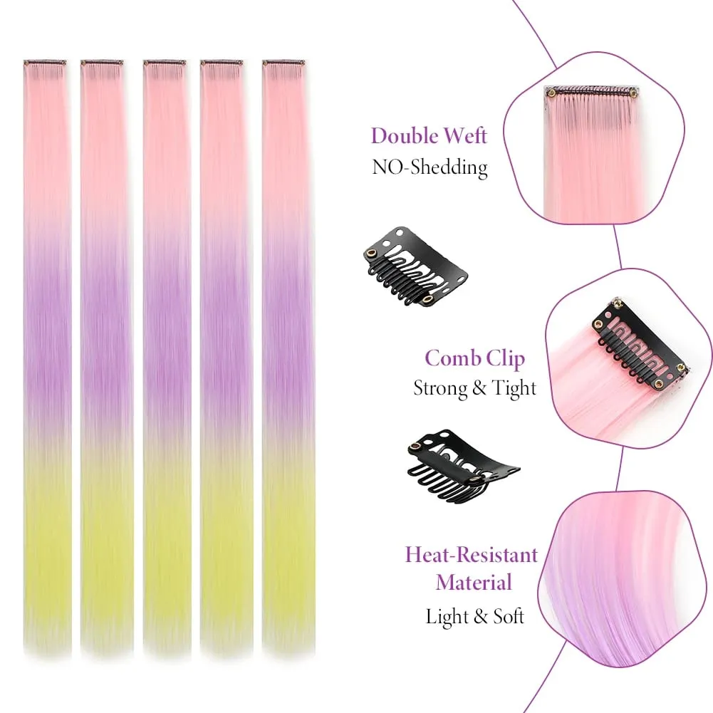 Extensions de cheveux synthétiques à clips, postiches colorées à reflets de fête pour filles, cheveux lisses multicolores de 18 pouces, 5 pièces/ensemble
