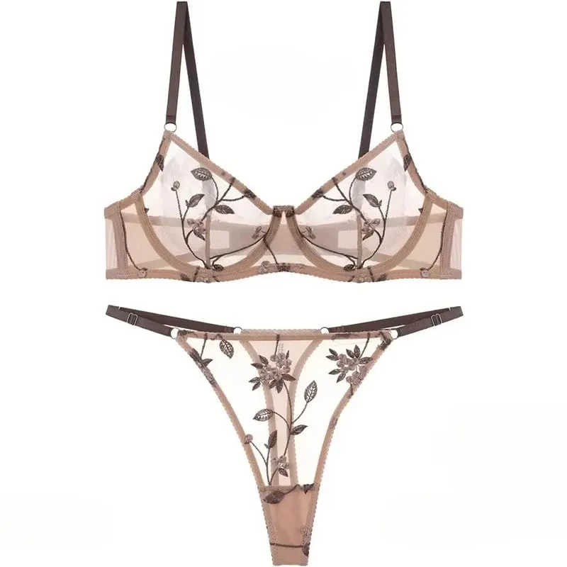 Modest European Lace Sheer Embroidery Underwire Bra Set Minimizer Anti-Sagging Support Big Bust Comfort Lingerie S-XL
