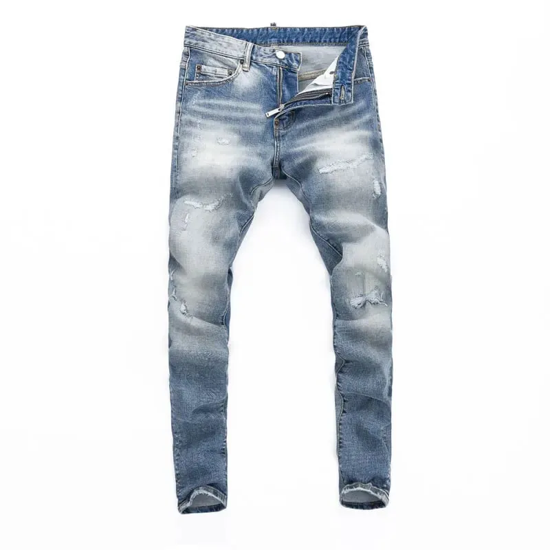 Light Blue Men's Slim Fit Jeans Elastic Waist Distressed Hip Hop Brand Fashionable Nostalgic Washed Color Patch Jeans