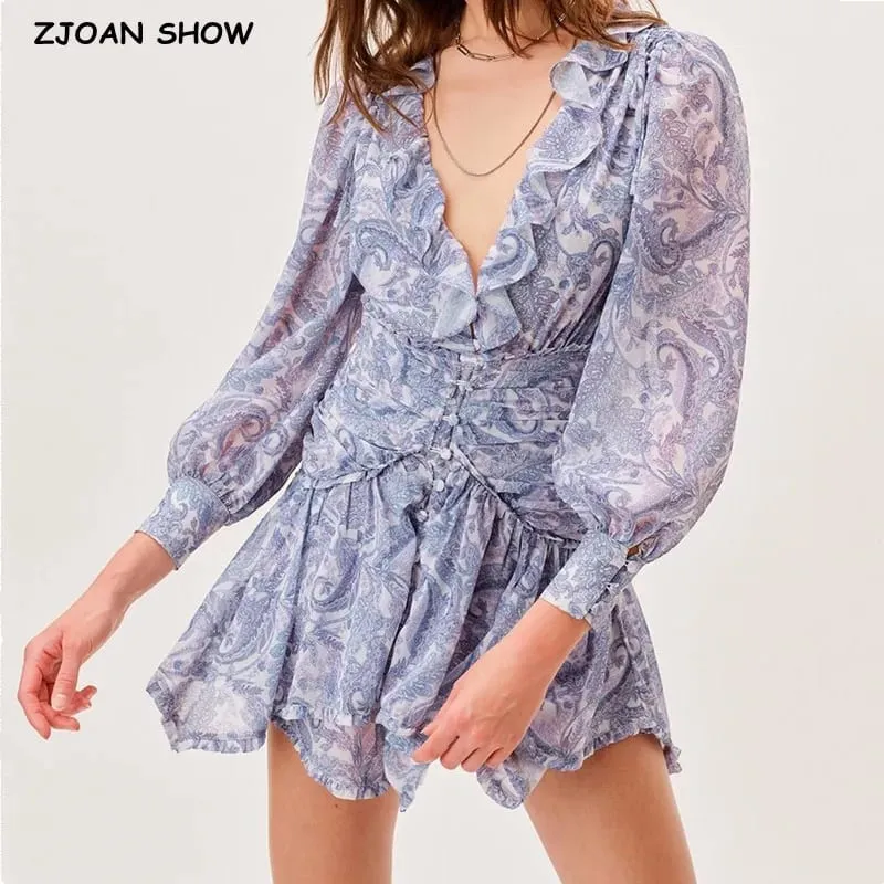 Blue Floral Print Chiffon Mini Dress Women Wood Ears Ruffles V Neck Open Buttons Slim Ruched Waist Long Sleeve Holiday Robe — image 1