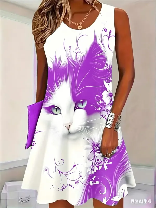 2026 New Fashion Cat Pattern Women Mini Dresses Summer Sleeveless 3D Printed Street Hip Hop Ladies Dress 3XL Plus Size Dress