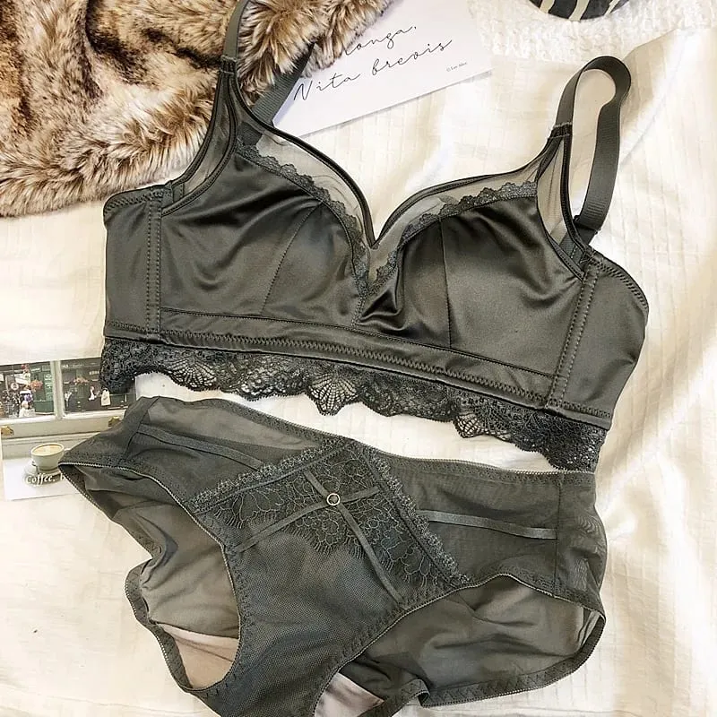 Size Thin Cotton Cup Intimates Lace Women Sexy Push Up Lingerie Sets Wireless Silky Satin Mesh Luxury Lady Underwear