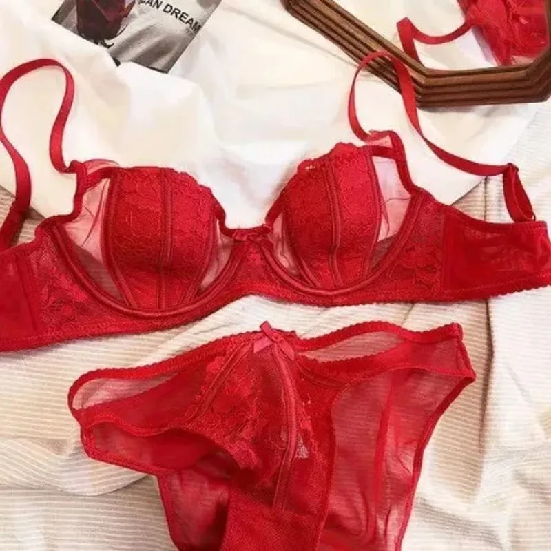 Ensemble Lingerie Dentelle Française Brodée Bonnets Oreille De Lapin Fil Doux Push Up Respirable Amincissant Confort Élégant