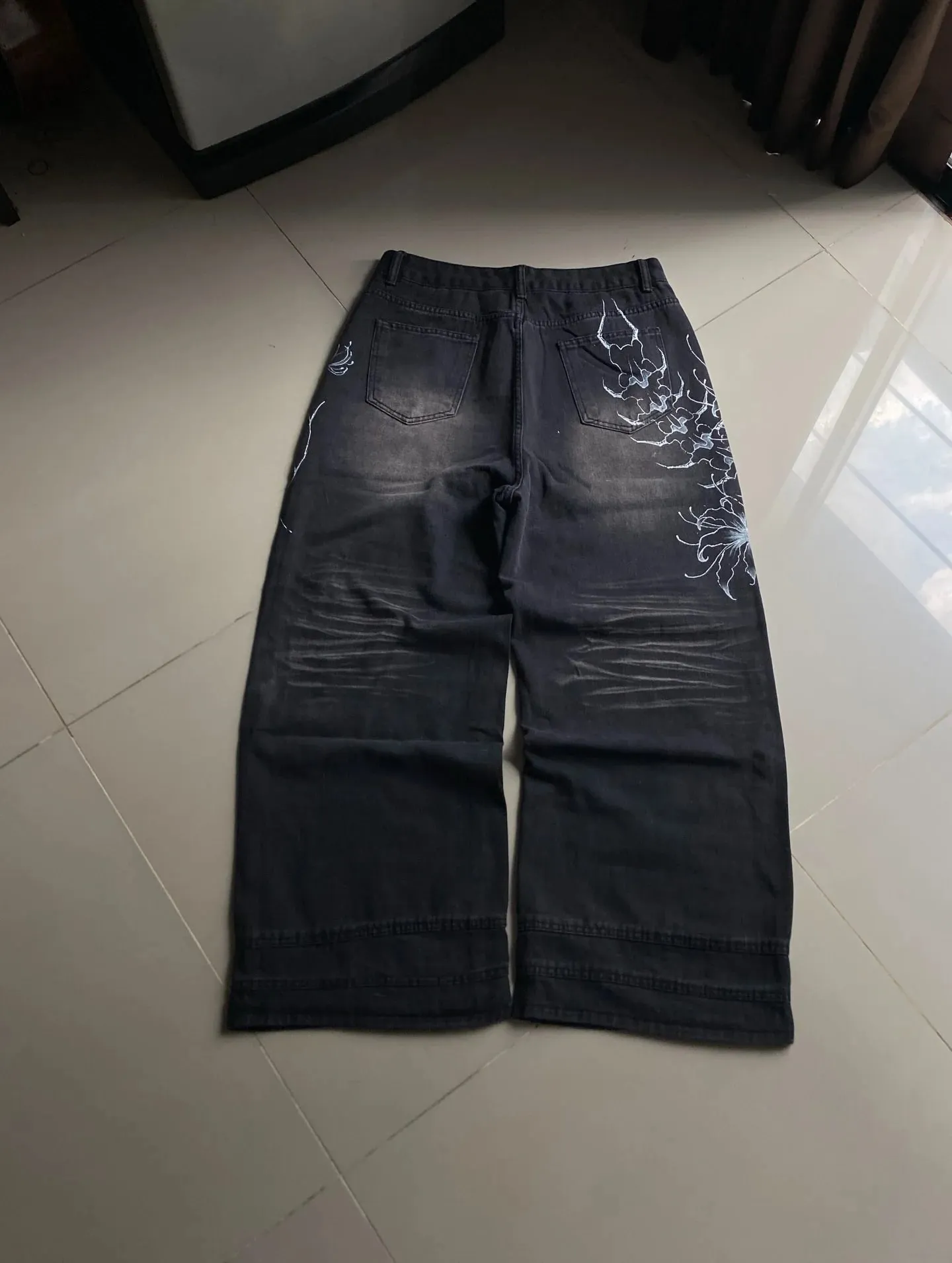 Y2K Vintage Gothic High Street Denim Black Wash Gradient Spine Spider Lily Print Wide Leg Jeans