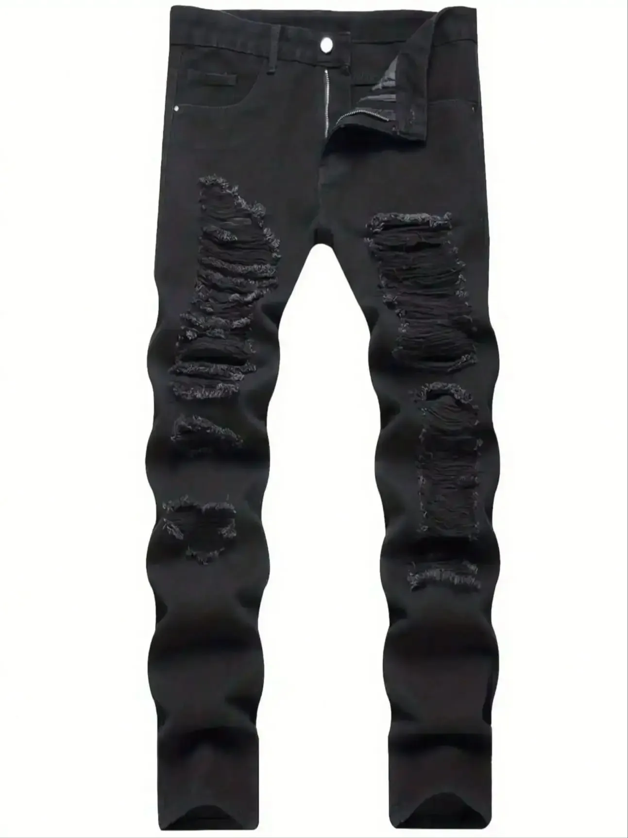 Single piece of trendy streetwear: straight-cut ripped denim jeans in black.