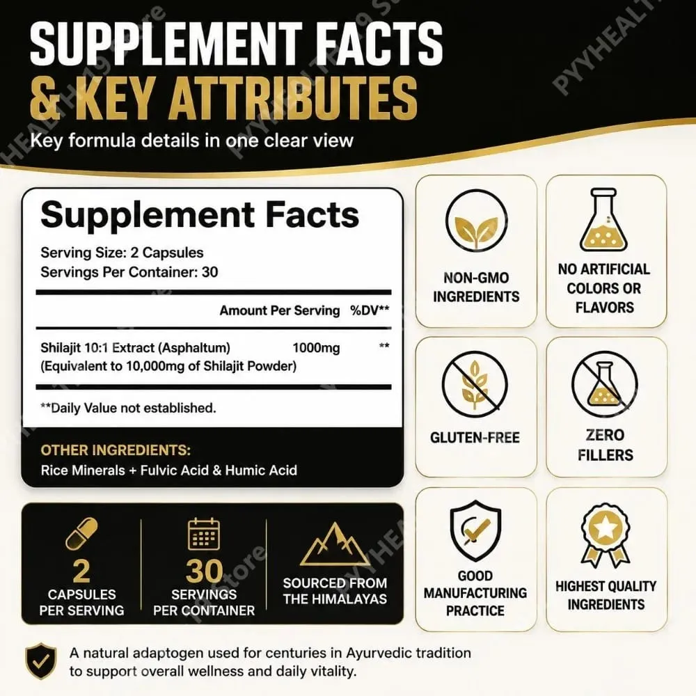 Shilajit Resin Capsules from Himalayas 1000mg 10:1 Extract 40% Fulvic Acid 60 Count Supports Stamina & Endurance Brain Function