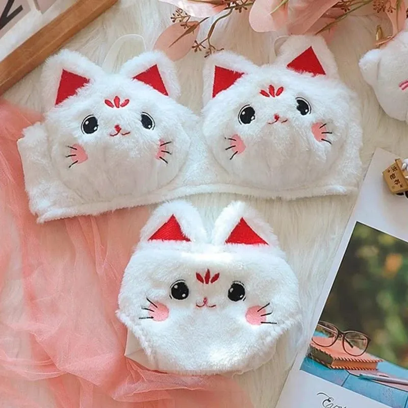 Cute Cartoon Furry Cat Ears Lingerie Bras Underpants Underwear Two Piece Sets Sweet Warm Winter Plush Underwear Set New