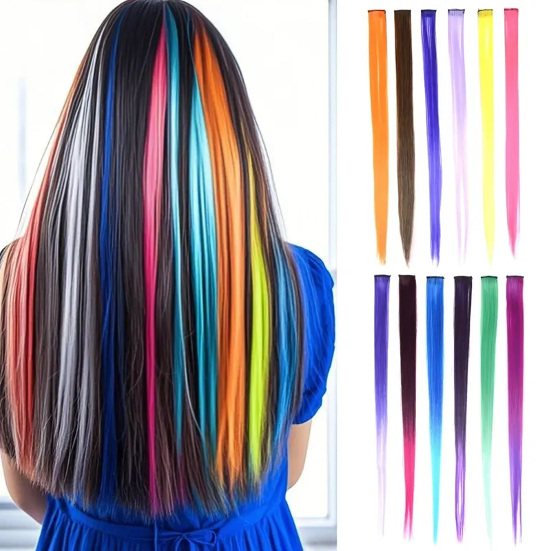 Synthetische clip-in haarextensies 22 inch lange kleurrijke rechte haarstukken Synthetische haarstukjes voor dagelijks festivalfeest