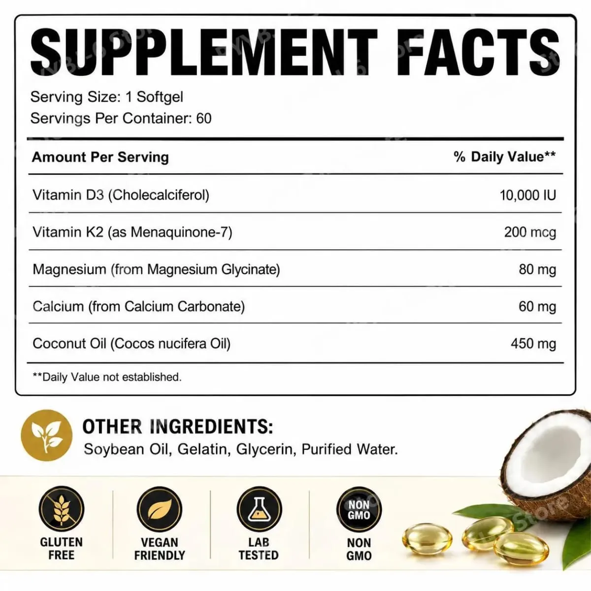 Docteat Vitamin D3 & K2 Softgels with Magnesium and Coconut Oil for Bone Nutrition Balance Immune System Balance - 60 Softgels