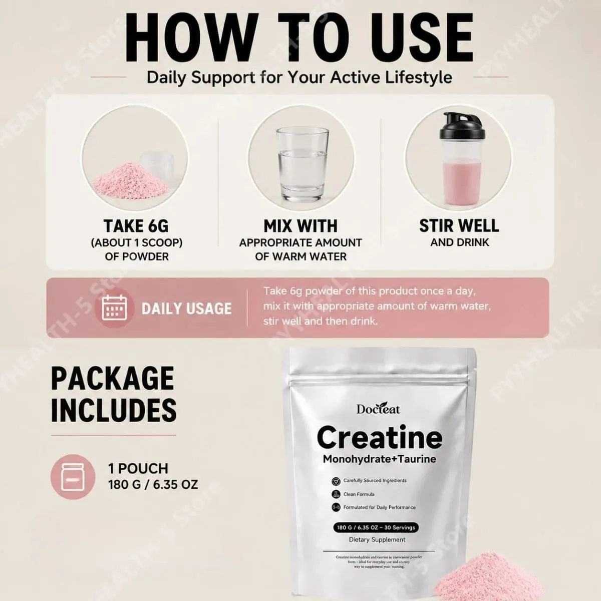 Docteat Creatine Monohydrate Taurine Powder for Muscle Phosphocreatine Support and Sports Nutrition Performance 30 Servings — image 6