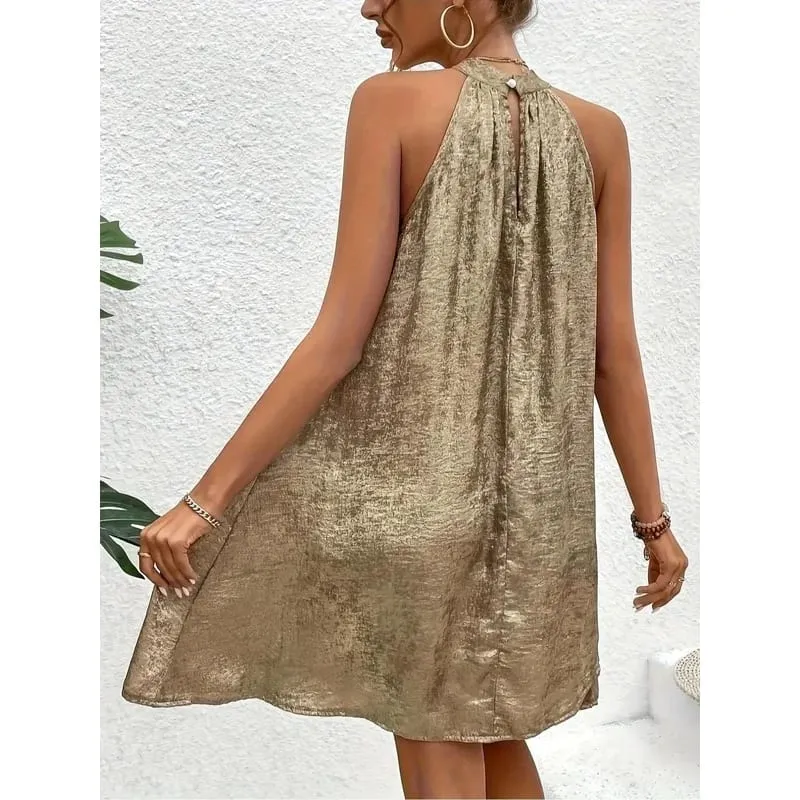 Champagne Color Women's Halter Neck Cold Shoulder Tie-Back Spaghetti Strap Sleeveless Summer Dress Fashion