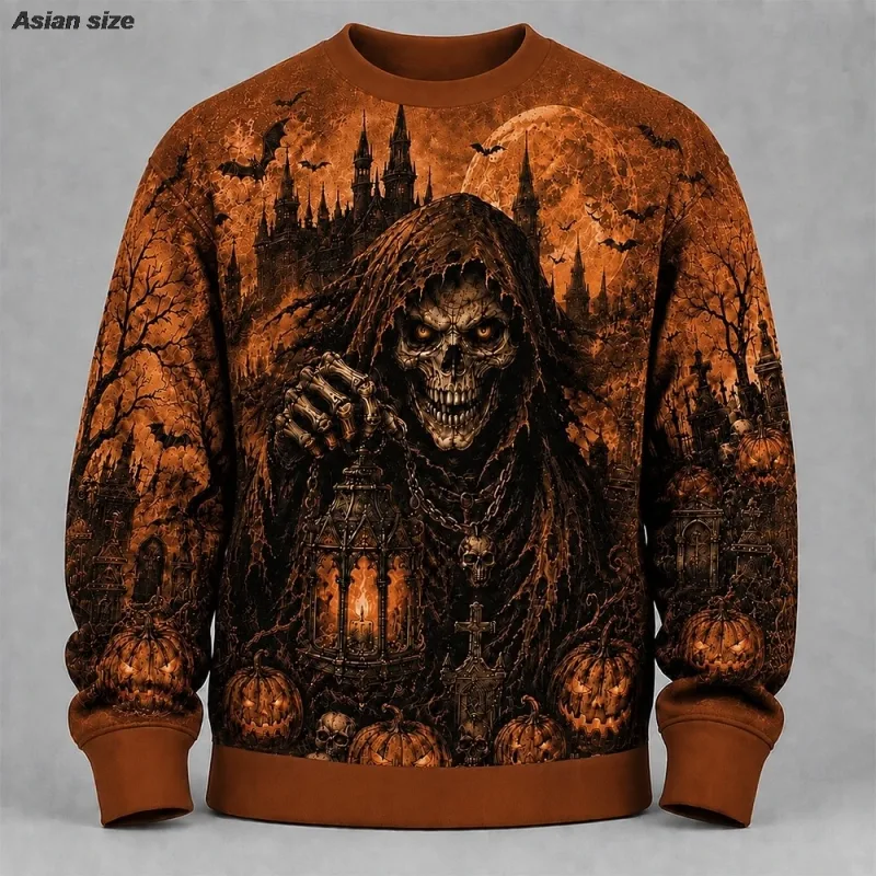Fleece Sweatshirts Halloween Men's Skulls Sweatshirt Punk Party Gothic Crew Neck Vacation Blue Dark orange Brown Green