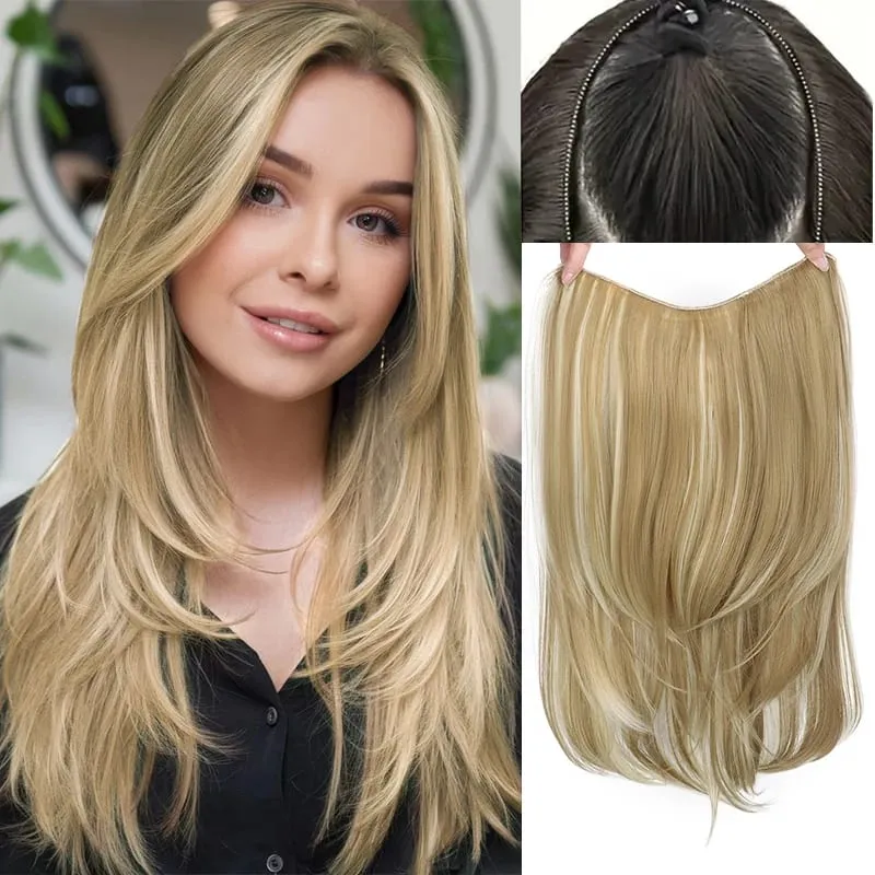 22Inch Synthetic V-Shaped Long Straight Layered Hair Extension Fluffy Increase Natural Invisible Hairpiece Wig for Women
