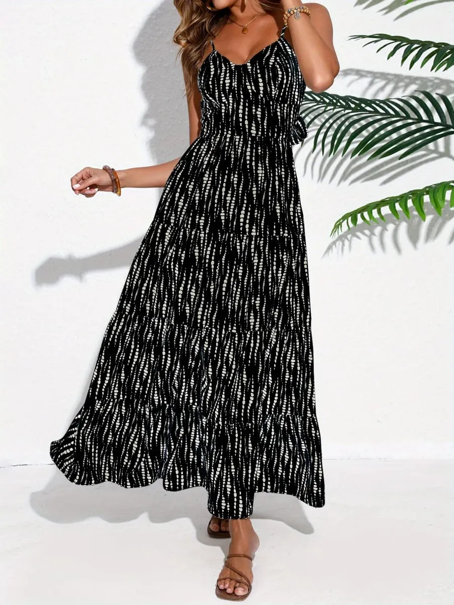 Women's Bohemian-Style Spaghetti Strap Wrap Dress with Lace-Up Back – Long Dress for Vacations and Getaways