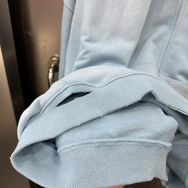 Light Blue PALY Letter Crystal Hoodie Ripped Washed Fashion Patch High Street Casual Men Women 1:1 Zipper Sweatshirts