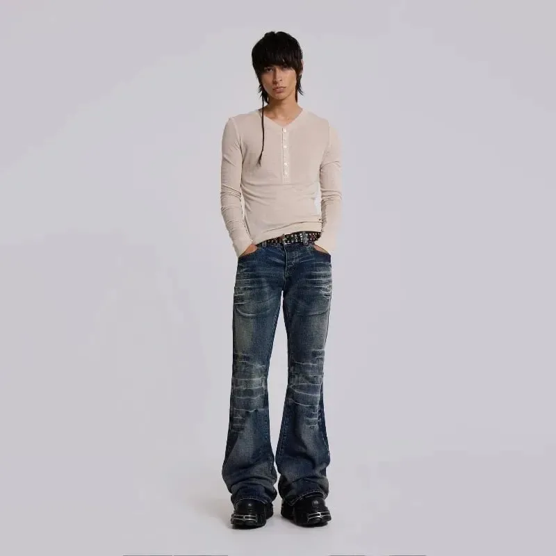 Y2K Mid Blue Flared Jeans Washed Men Women Bootcut Jeans Gothic High Street Unisex Streetwear Baggy wide leg Pants