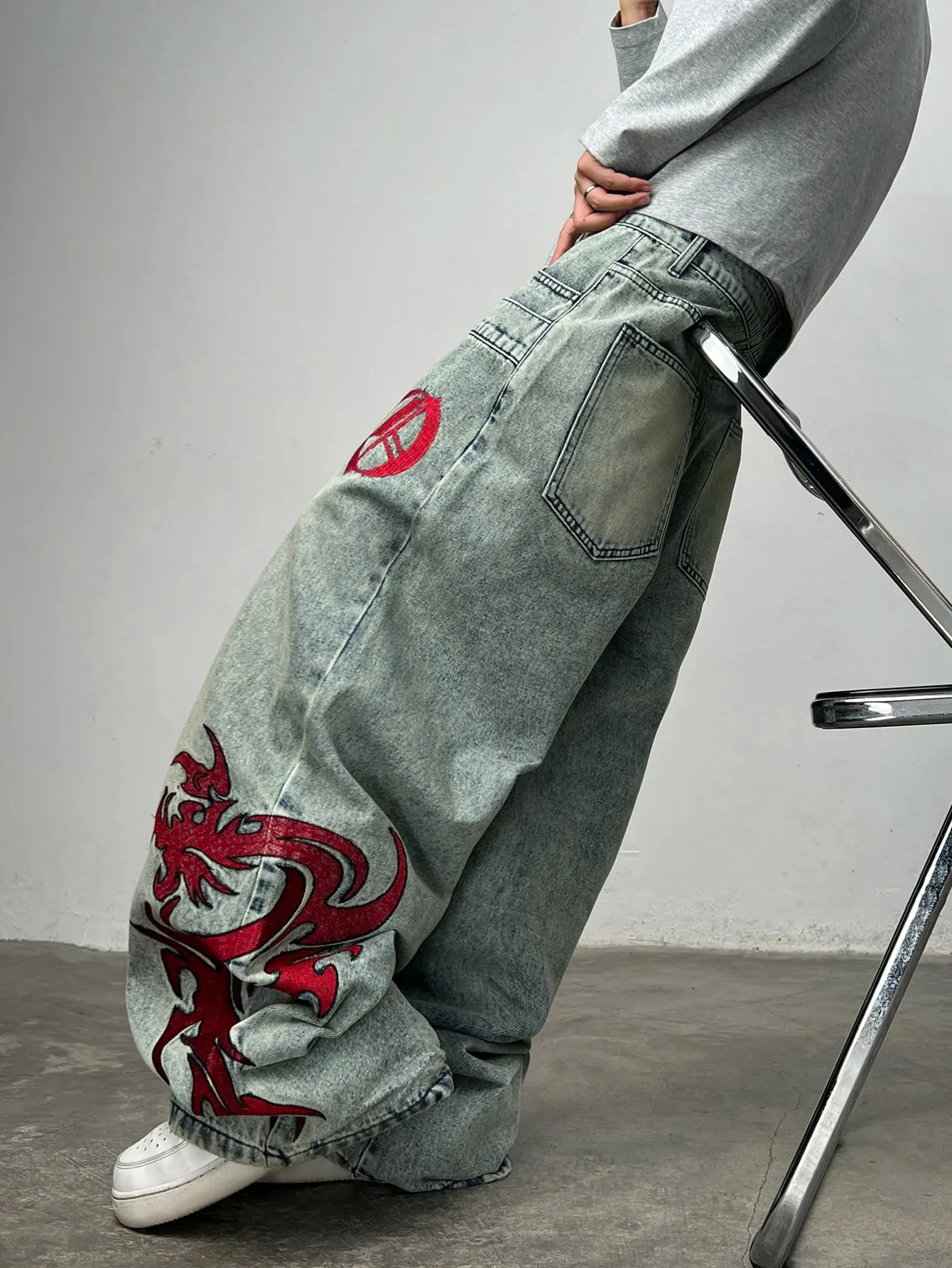 American Vintage Double-Waist Embroidery Design Blue Men's Loose Wide-Leg Jeans Y2K Street Hip-Hop Trendy Versatile Pants
