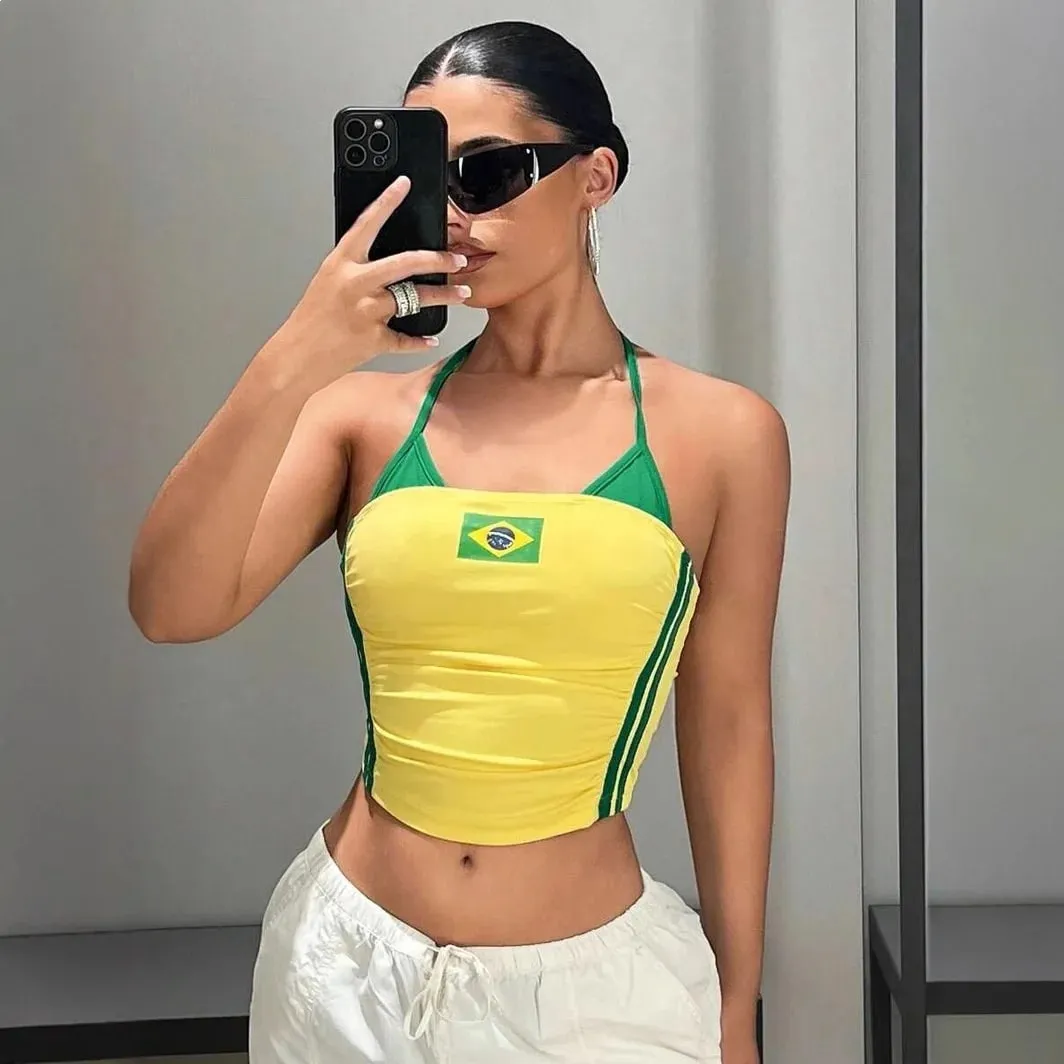 Women Brazil Flag Print Halter Crop Top Y2K Color Block Sling Cami Top Ruched Sleeveless Tube Tank Top Streetwear Summer Vest