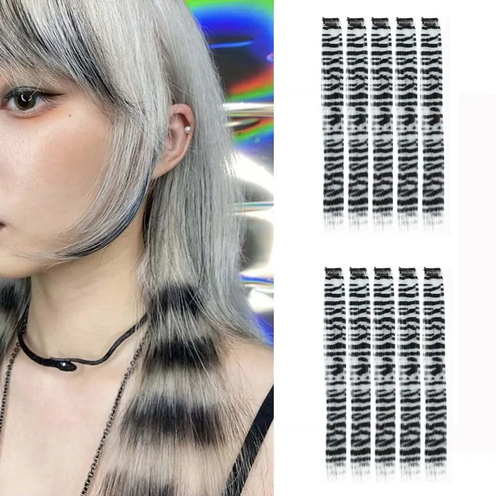 10pcs/set Stripe Printed Hair Colorful Long Straight Hair Pieces Synthetic Clip-in Hair Extensions for Daily Use Party Halloween