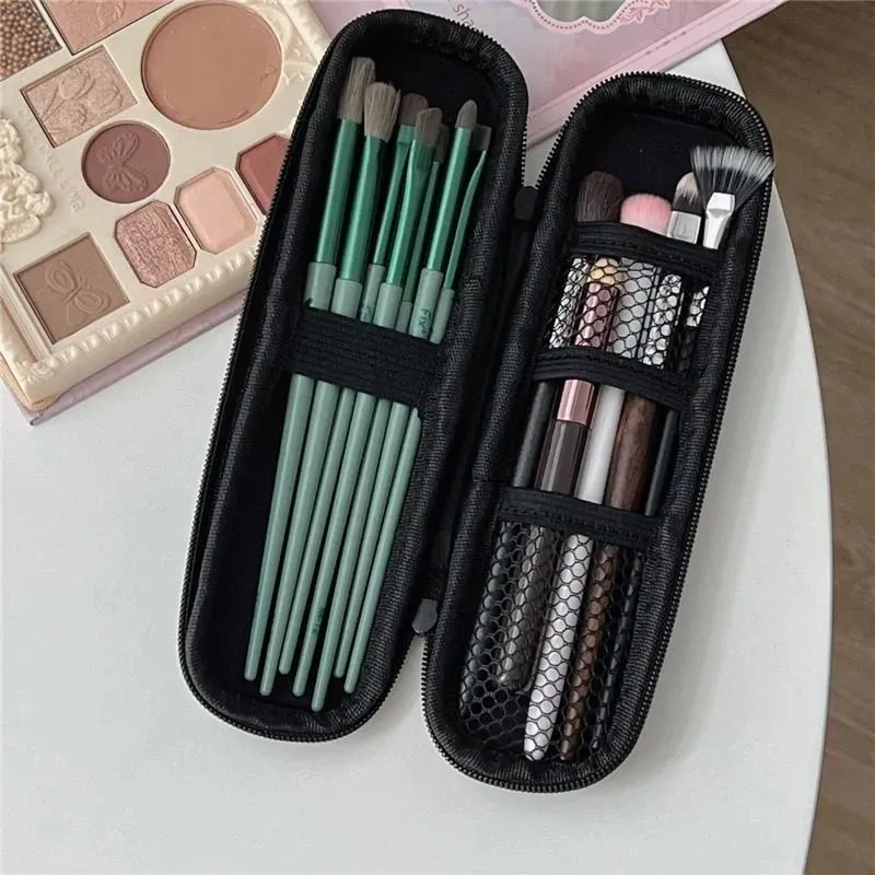 (N) Black Cosmetic Storage Bags Waterproof Double Zipper Makeup Brushes Case Women Bag Portable Travel Brush Holder Pen Case Box