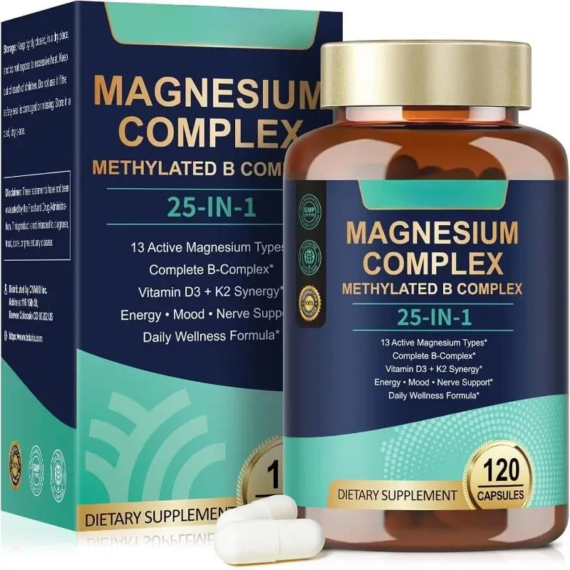 25-in-1 Magnesium Complex with Glycinate Citrate Malate Vitamin D3 K2 B12 Methylfolate for Relaxation Energy Nerve 120 Capsules