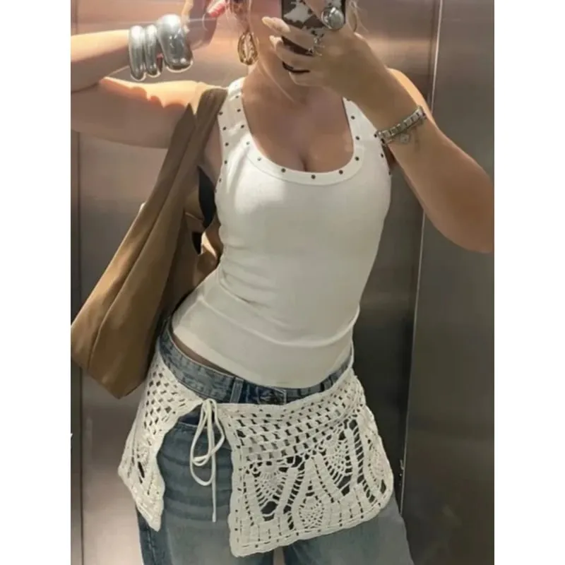 Combhasaki Women Studded Ribbed Knit Tank Top Rivets Trim Sleeveless Fit Crop Tops Low Scoop Neck Punk Going Out Vest Streetwear
