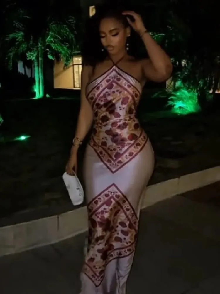 Chique elegante vestido de cetim floral impressão magro bodycon vestidos femininos festa de noite casamento convidado verão streetwear