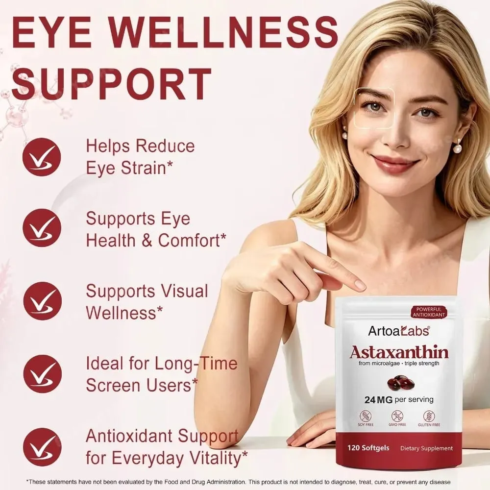 Astaxantina Softgels 24mg Tripla Força Poderoso Antioxidante Suporte à Saúde dos Olhos Microalgas Sem Soja Sem Glúten 120 Contagens