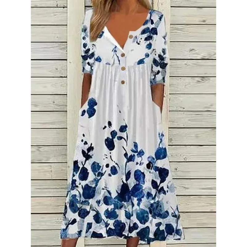 Women Dresses 2026 Spring autumn New floral printed V-neck button short-sleeved pocket long dresses women's clothing vestidoes