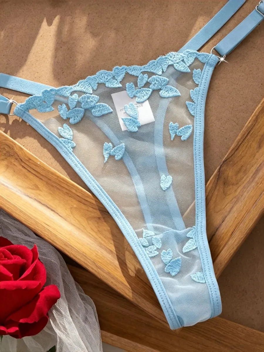 French Style Blue Lace Bra and Panties Set Women Sexy Eyelash Lace Underwear Transparent Mesh Two Piece Lingerie