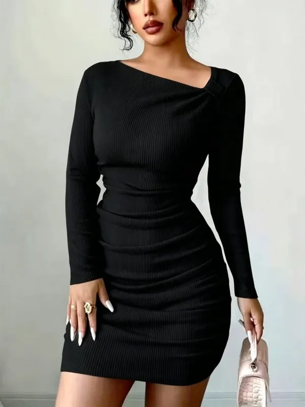 Women's Autumn Casual Elegant Solid Color Dress Mini Skirt Length Long Sleeved Pit Stripe Slanted Collar Fashion