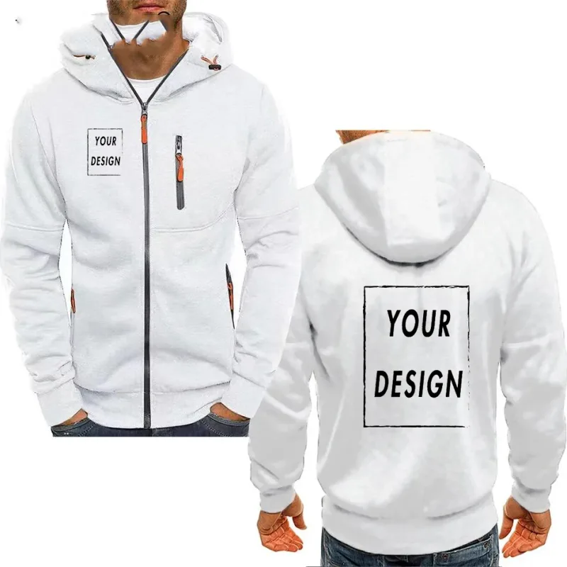Men's hooded zipper jacket with pockets custom logo image text casual sports streetwear men's cardigan wool sweater fashion