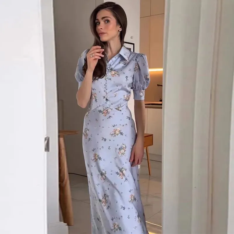 Elegant Women's Floral Print Dresses Single Breasted Slit Maxi Dresses Bodycon Party Evening Formal Gown 2026 New Outfit