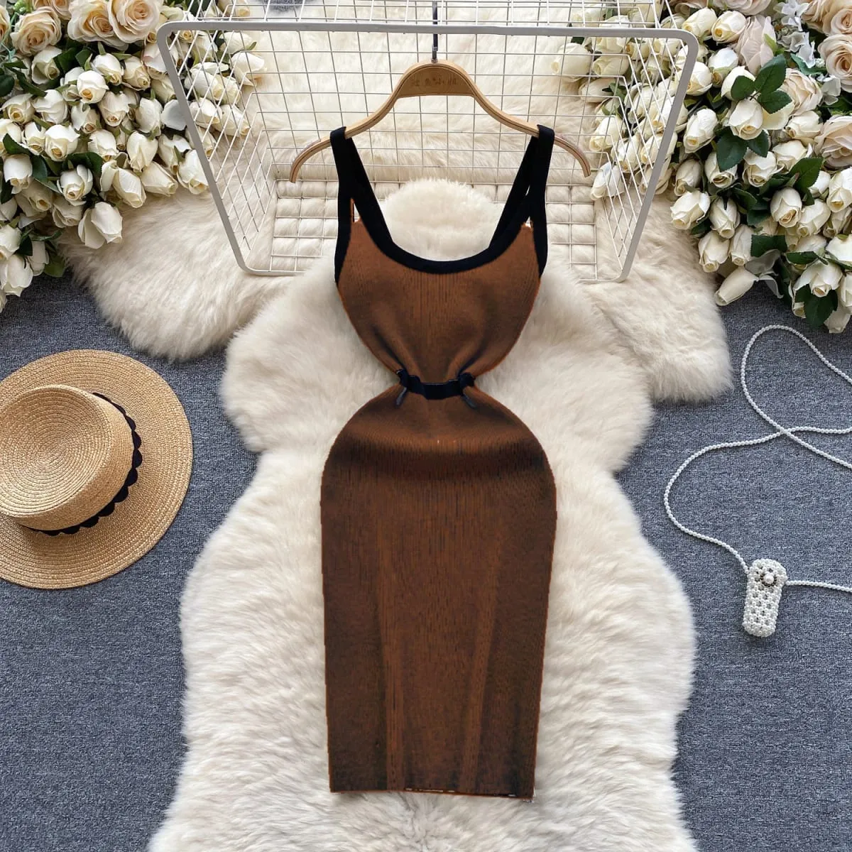 Elastic Fashion Trend Casual Knitting Wrap Dress Sleeveless Off Shoulder Contrast Hollow Out Summer Women Stripe Sexy Slim Dress