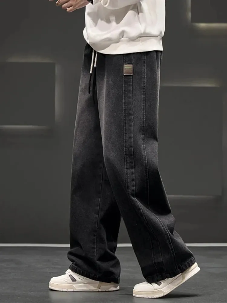 Spring New Wide Jeans Men Straight Vintage Drawstring Trousers Loose Pants Casual Solid Color Fashion Pants Big Size