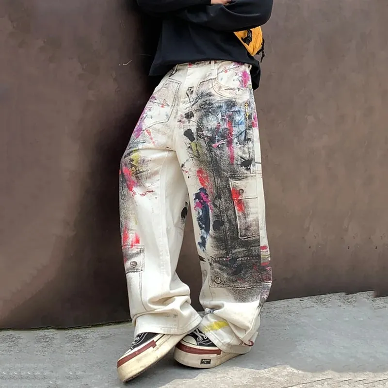 Edgy Men's Splatter Paint Jeans Black White Print Wide Leg Baggy Fit Distressed Streetwear Premium Denim Pants 9X2984