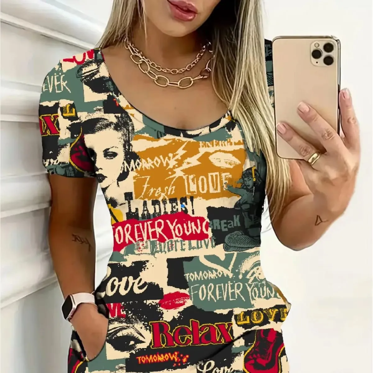Women's Casual round Neck Short Sleeve Dress Mini Elegant Comfortable Skirt with Letter Figure Pattern Print