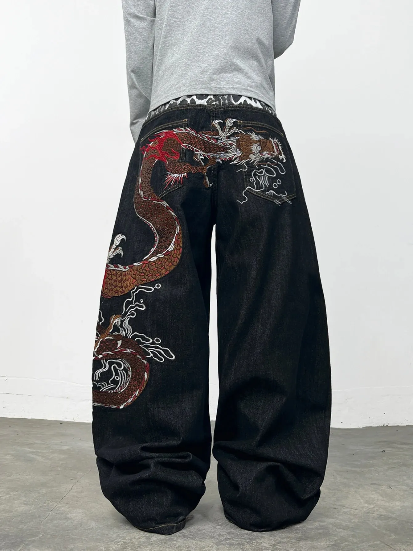American Retro Dragon Embroidery Design Black Men's Loose Jeans Y2K Street Hip-Hop Trendy Versatile Wide-Leg Pants