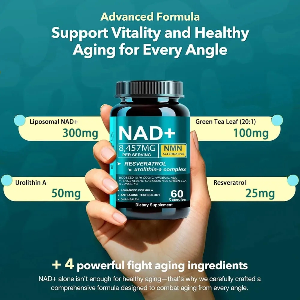 NAD Supplement 8457mg Plus for Energy Focus Skin & Anti-Aging Support - NMN Alternative Liposomal + Green Tea 60 Capsules