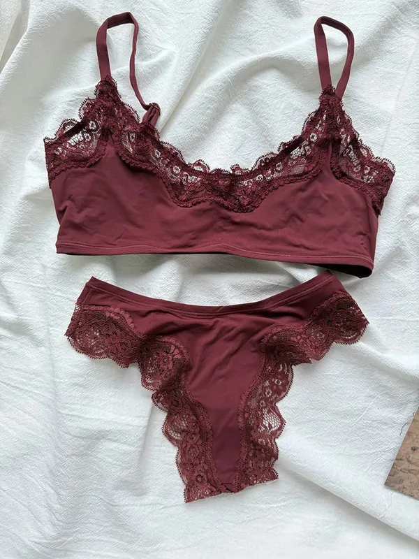 Pink Lace Bra Set Woman Adjusted-strap Seamless Bras+Low Waist Panties Female Casual Simple Solid High Elasticity Lingerie Sets